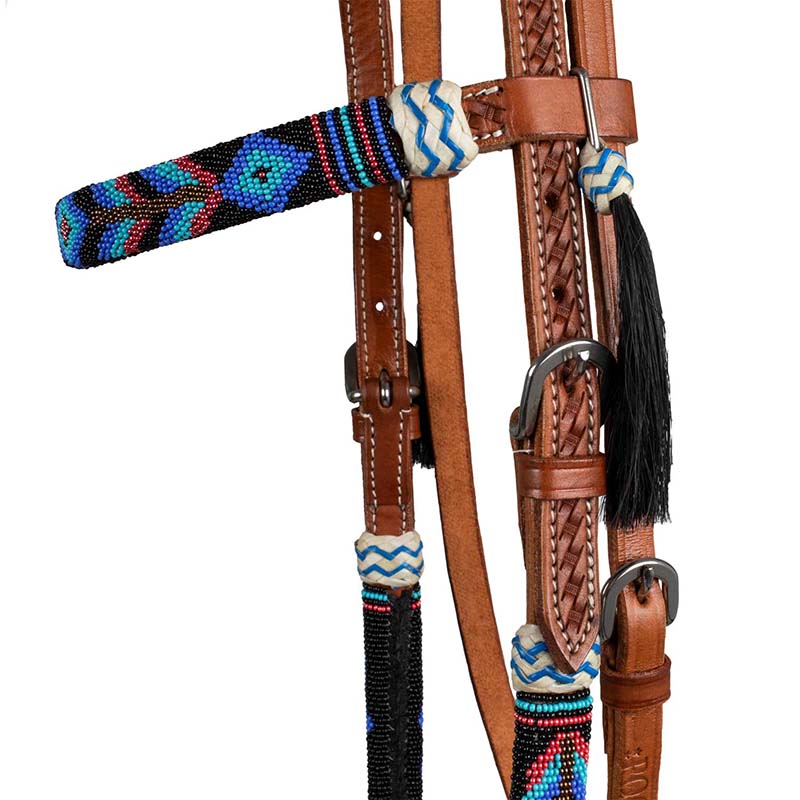Pool’s western headstall in leather with navajo beads - 4343