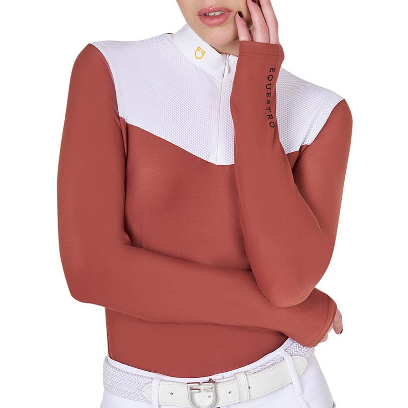 Equestro competition polo shirt for woman long sleeve with zip and mesh - 9736