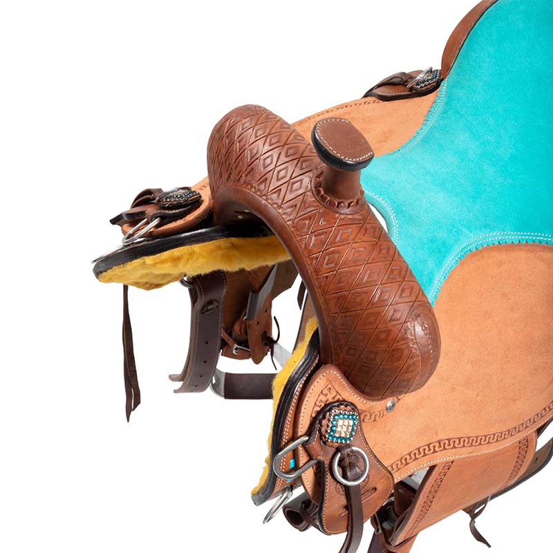 Western Saddle Pool's Barrel, turquoise seat and basket tooling - 4916