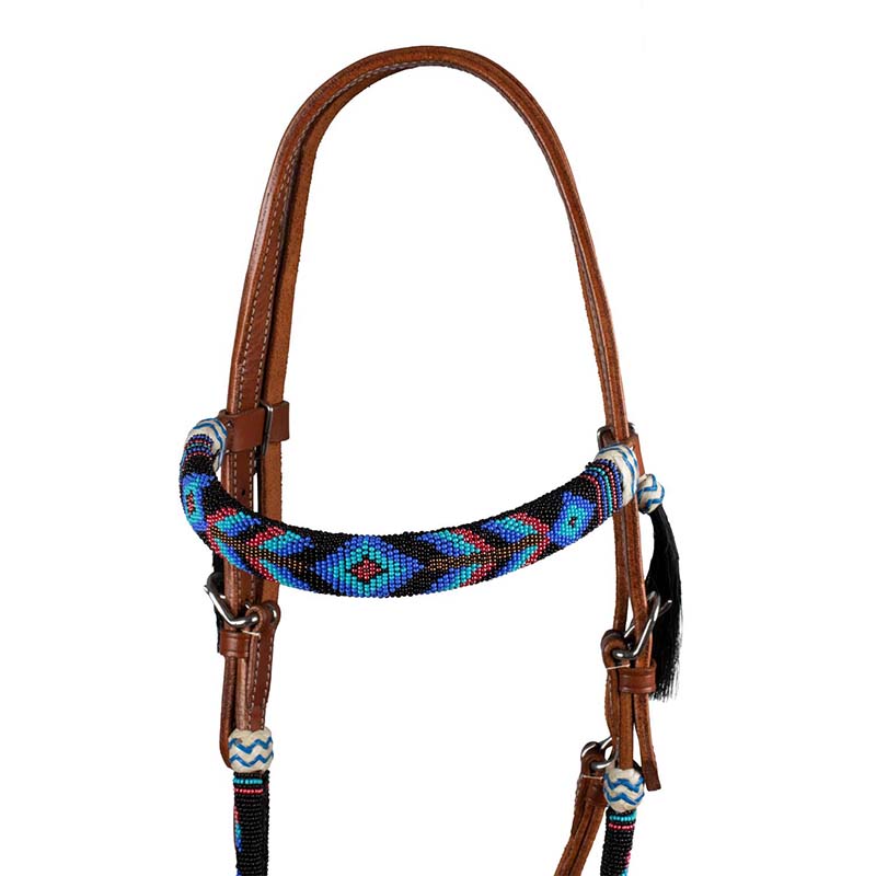 Pool’s western headstall in leather with navajo beads - 4343