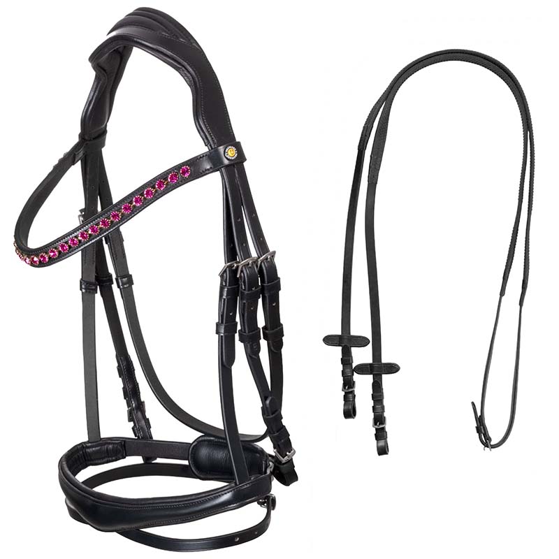 Equestro Anatomical English Bridle in leather w/Fuxia rhinestones  - 2352