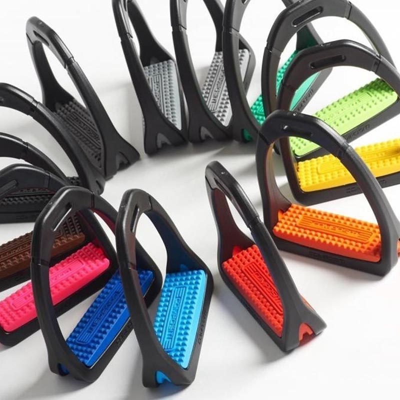 Polymer stirrups with interchangeable colored rubber footrest