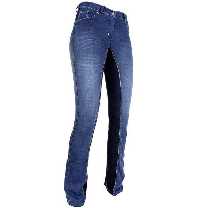 Riding stretch denim ladies jeans reinforced with suede