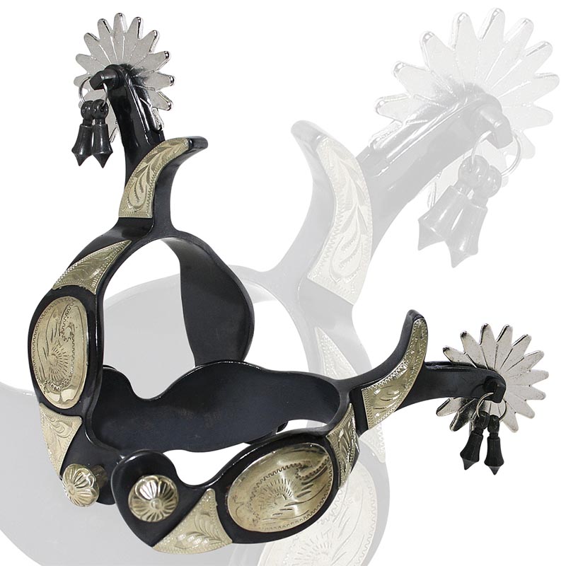 Burnished iron western spurs with german silver appliques