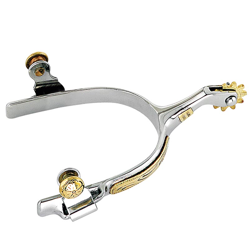 Stainless steel western spurs with decorated narrow bands