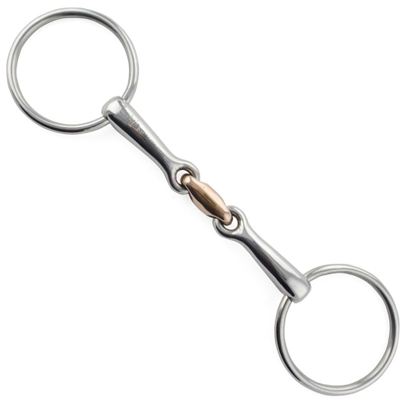Snaffle bit jointed ring with central copper mouth
