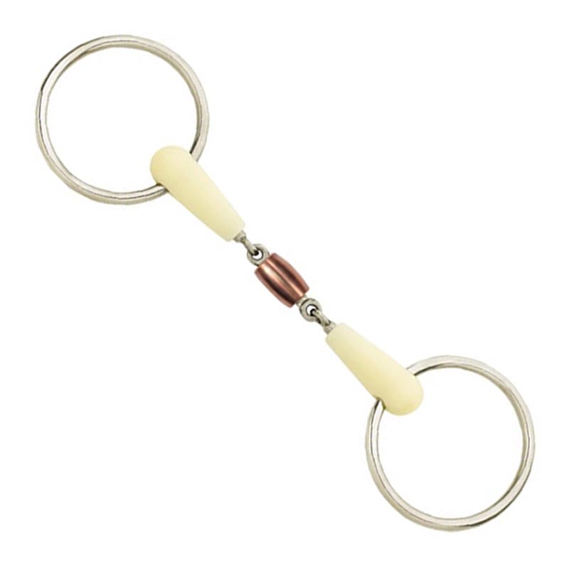 Happy mouth jointed snaffle ring bit with center revolver