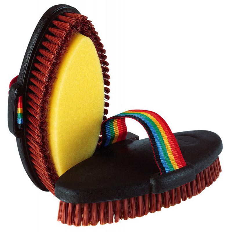 Shower brush with integrated sponge for horse washing