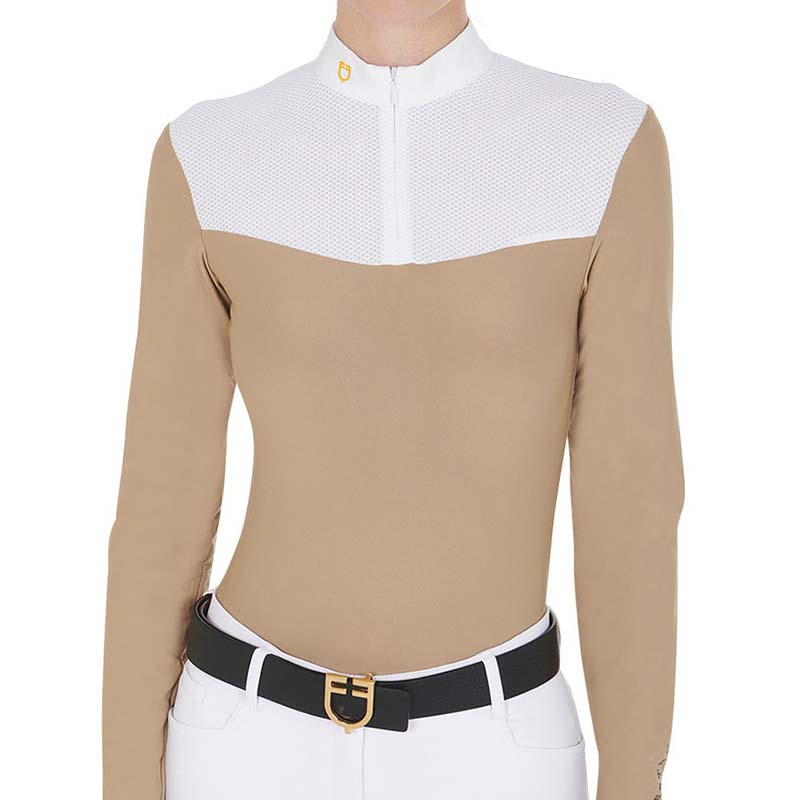 Equestro competition polo shirt for woman long sleeve with zip and mesh