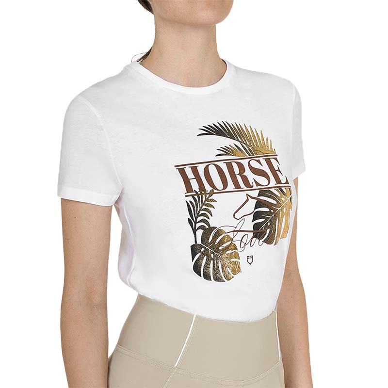 Equestro Cotton T-Shirt with gold print Horse Palm - women - 9870