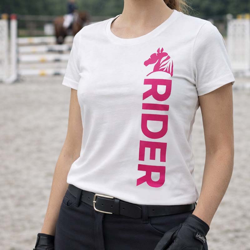 Women's Equestrian T-Shirt PINK RIDER - white/fuchsia print - 9396