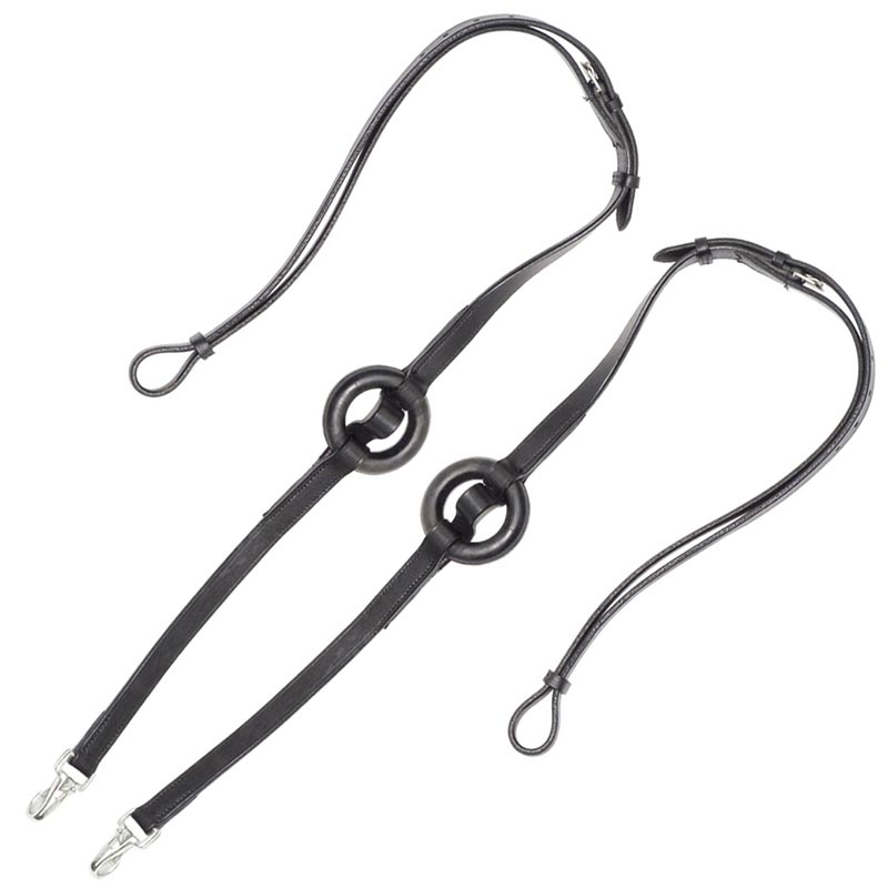 Training aid leather reins with rubber ring and snaps