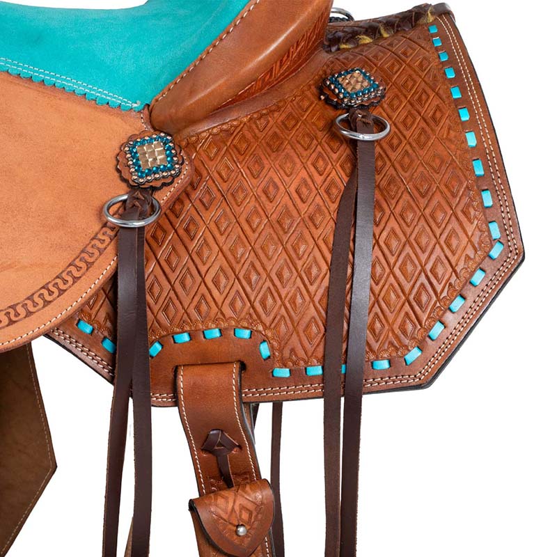 Western Saddle Pool's Barrel, turquoise seat and basket tooling - 4916