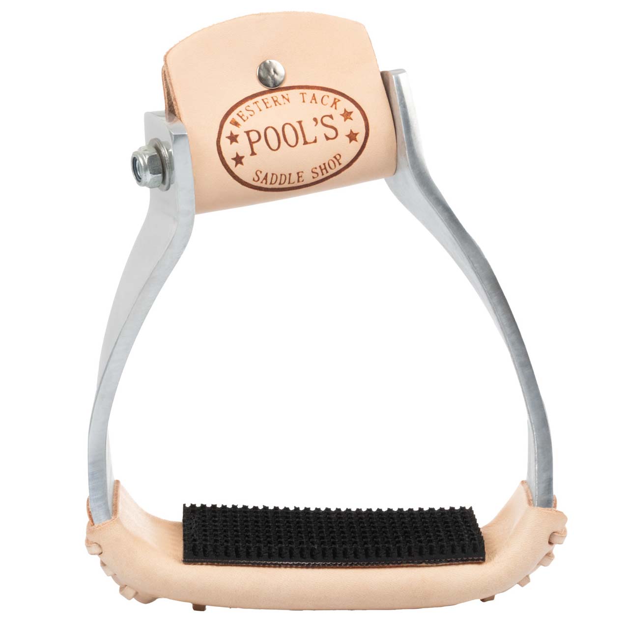 Pool’s barrel western stirrups in steel and leather