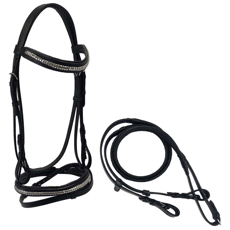 English leather bridle with brass decorations rubber reins
